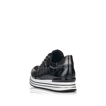 Schwarze Halbschuhe aus Kunstlack mit Reißverschluss und Schnürung und Wechselfußbett. Schuh von hinten.