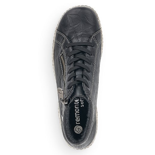 Schwarze Kurzstiefel aus Glattleder mit Reißverschluss und Schnürung, wasserabweisendem Remonte TEX und Wechselfußbett. Schuh von oben. 