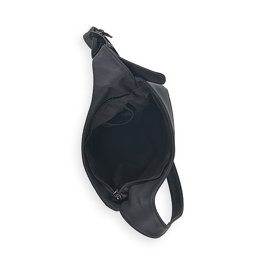 Schwarze Tasche aus Lederimitat mit Reißverschluss. Tasche von oben.