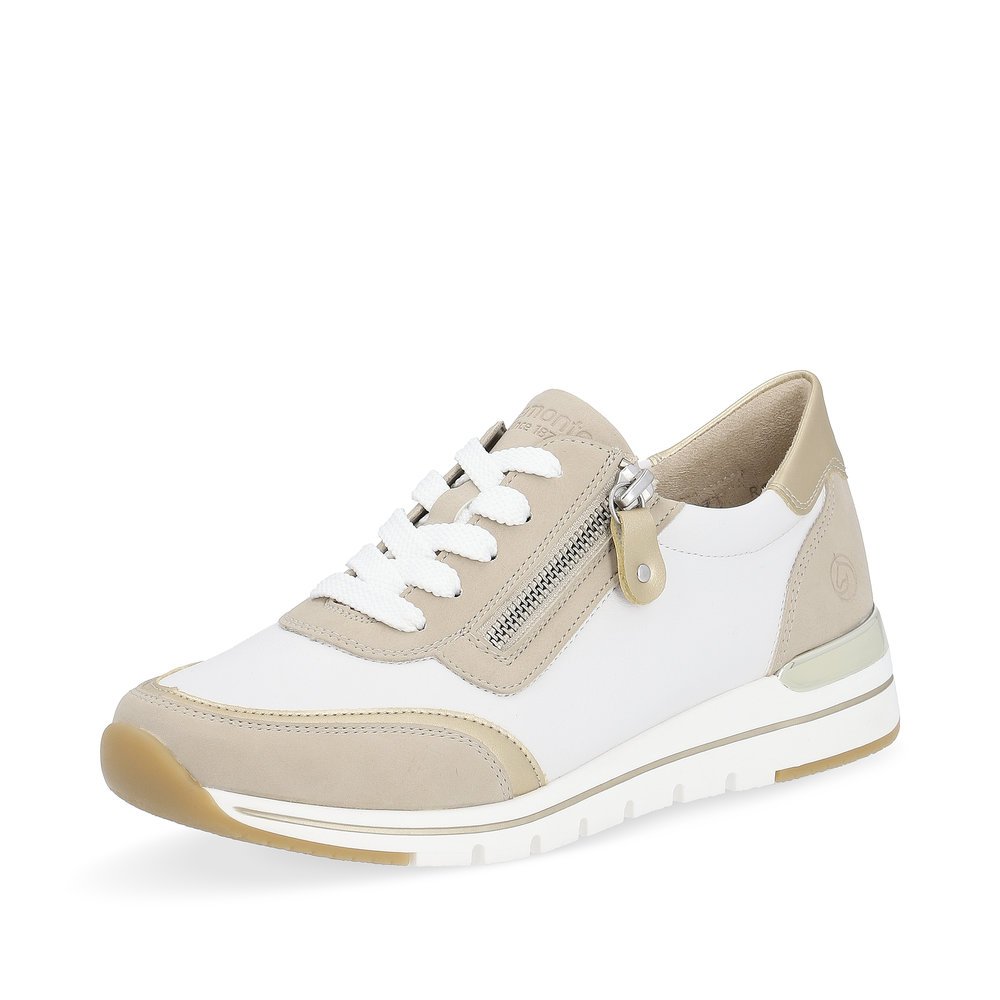 White vegan remonte women´s sneakers R6709-80 with a zipper and comfort width G. Shoe laterally.