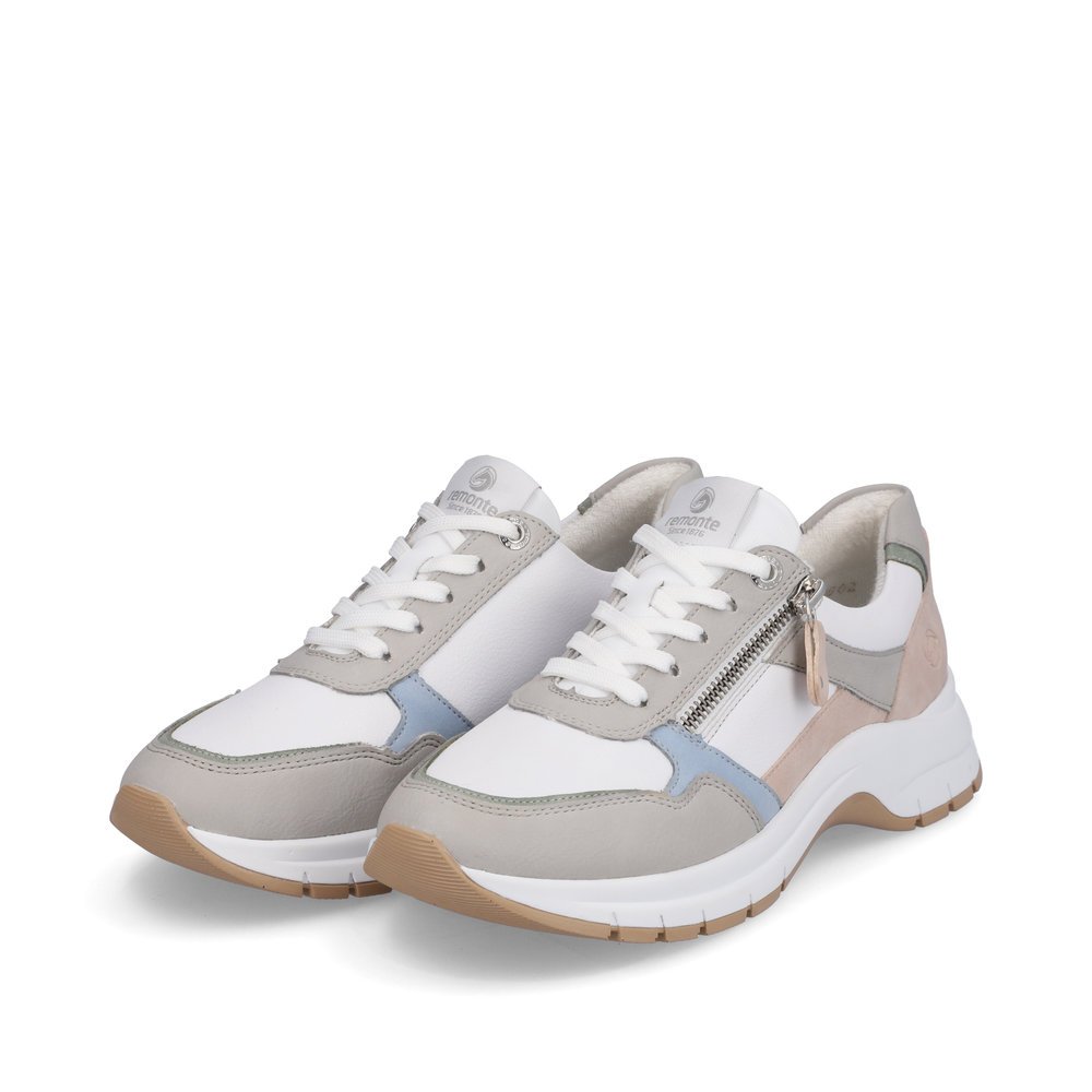 White remonte women´s sneakers D0G02-80 with a zipper and extra width H. Shoes laterally.