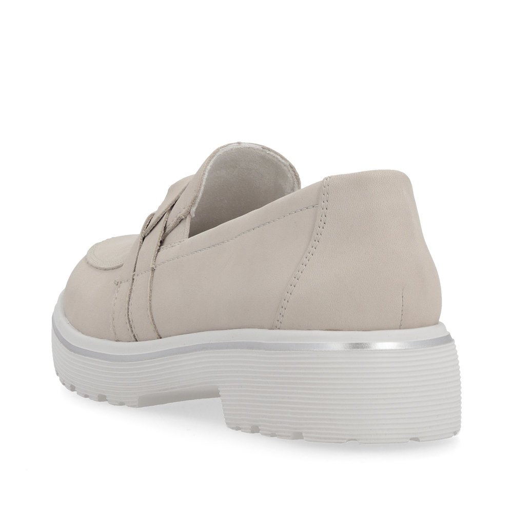 Beige grey remonte women´s loafers D1H01-40 with elastic insert and braided strap. Shoe from the back.