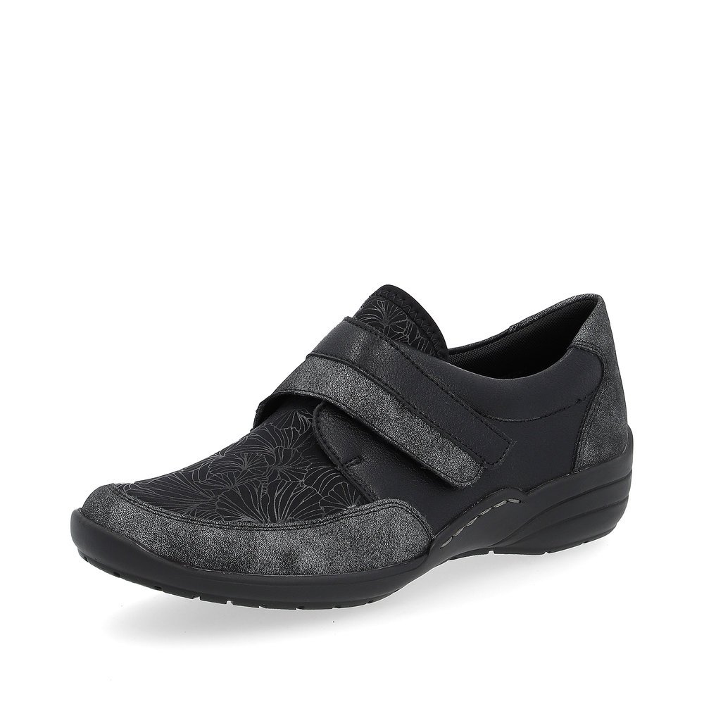 Black remonte women´s slippers R7600-05 with a hook and loop fastener. Shoe laterally.