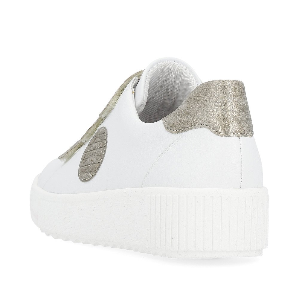 White remonte women´s sneakers R7902-80 with a hook and loop fastener and grey logo. Shoe from the back.