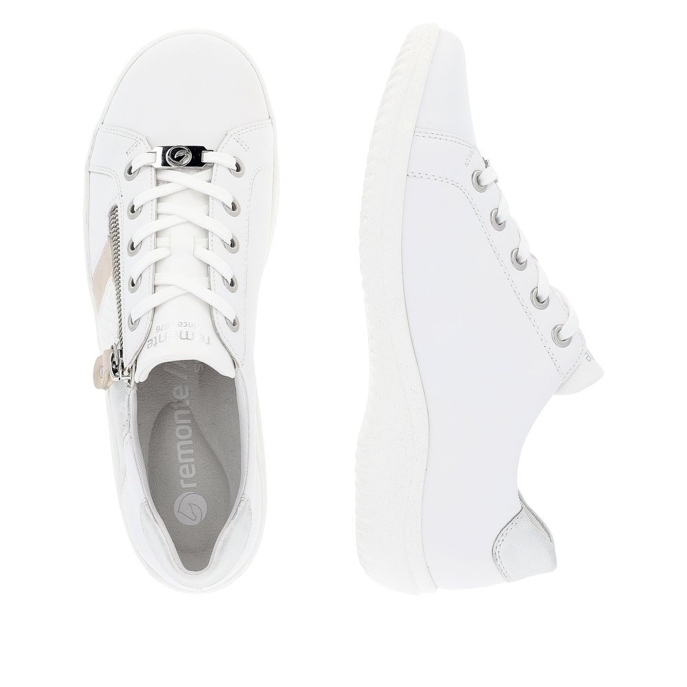 White remonte women´s lace-up shoes D1E00-81 with a zipper and comfort width G. Shoe from the top, lying.