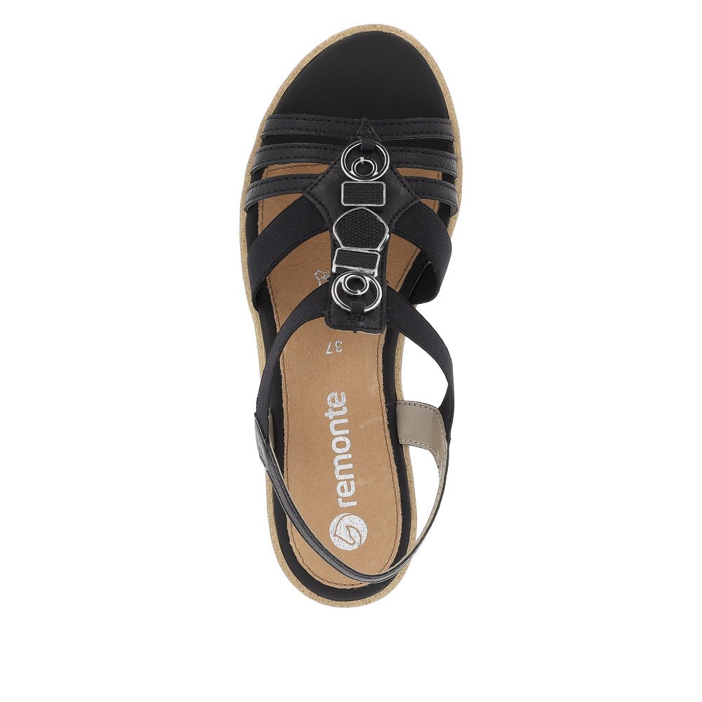 remonte sandales compensées noires femmes R6264-02 avec insert élastique. Chaussure vue de dessus.