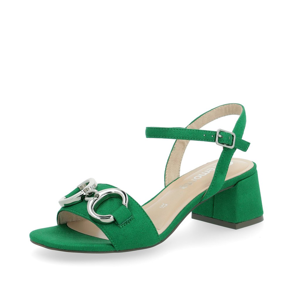 Green vegan remonte women´s strap sandals D1L50-52 with buckle and silver accessory. Shoe laterally.