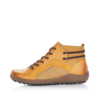 Gelbe Stiefeletten aus Glattleder mit Reißverschluss und Schnürung und Wechselfußbett. Schuh Außenseite.