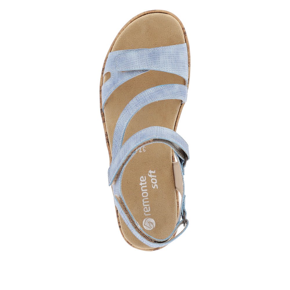 Ice blue remonte women´s strap sandals R6850-15 with hook and loop fastener. Shoe from the top.