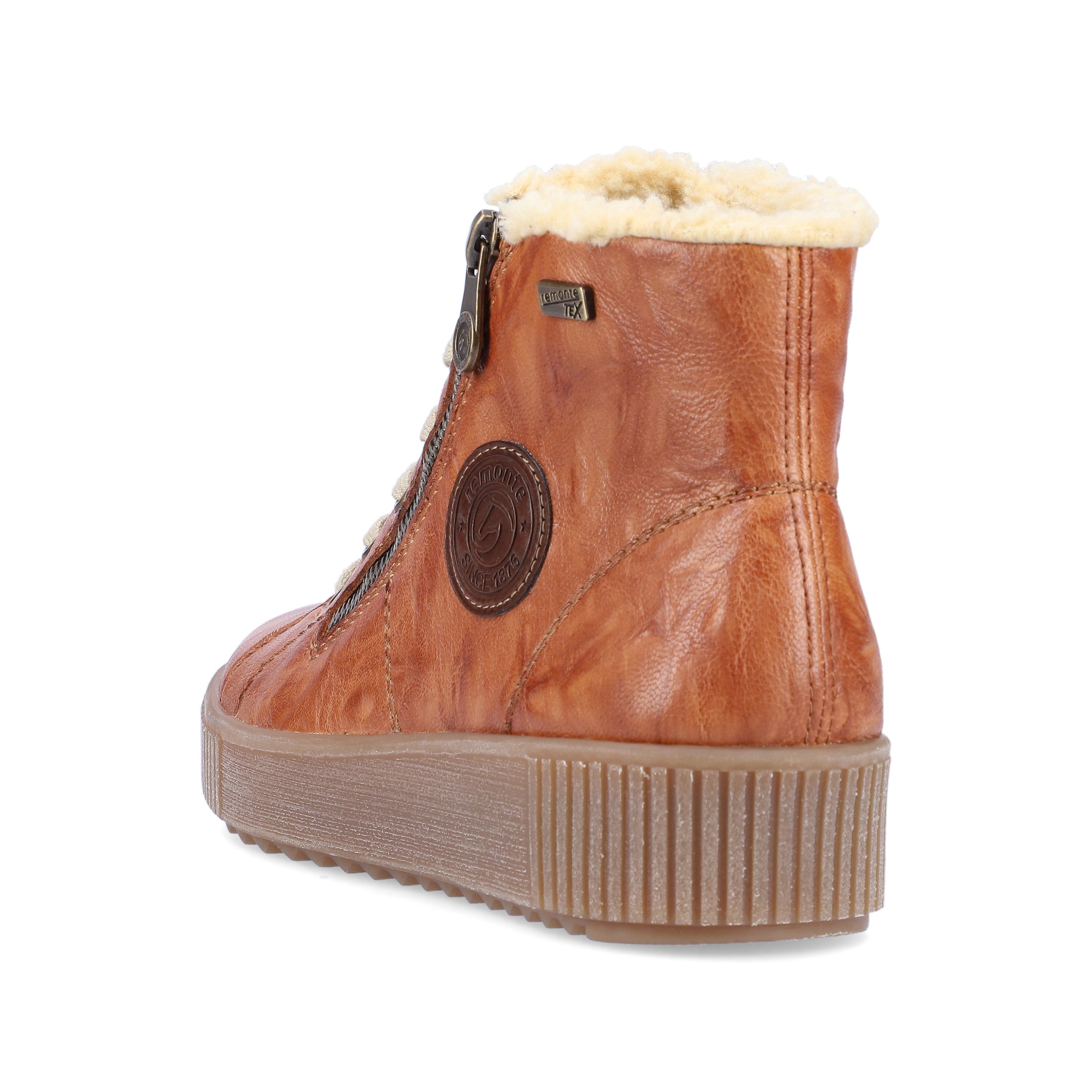 Wood brown remonte women´s lace-up boots R7980-23 with flexible platform sole. Shoe from the back