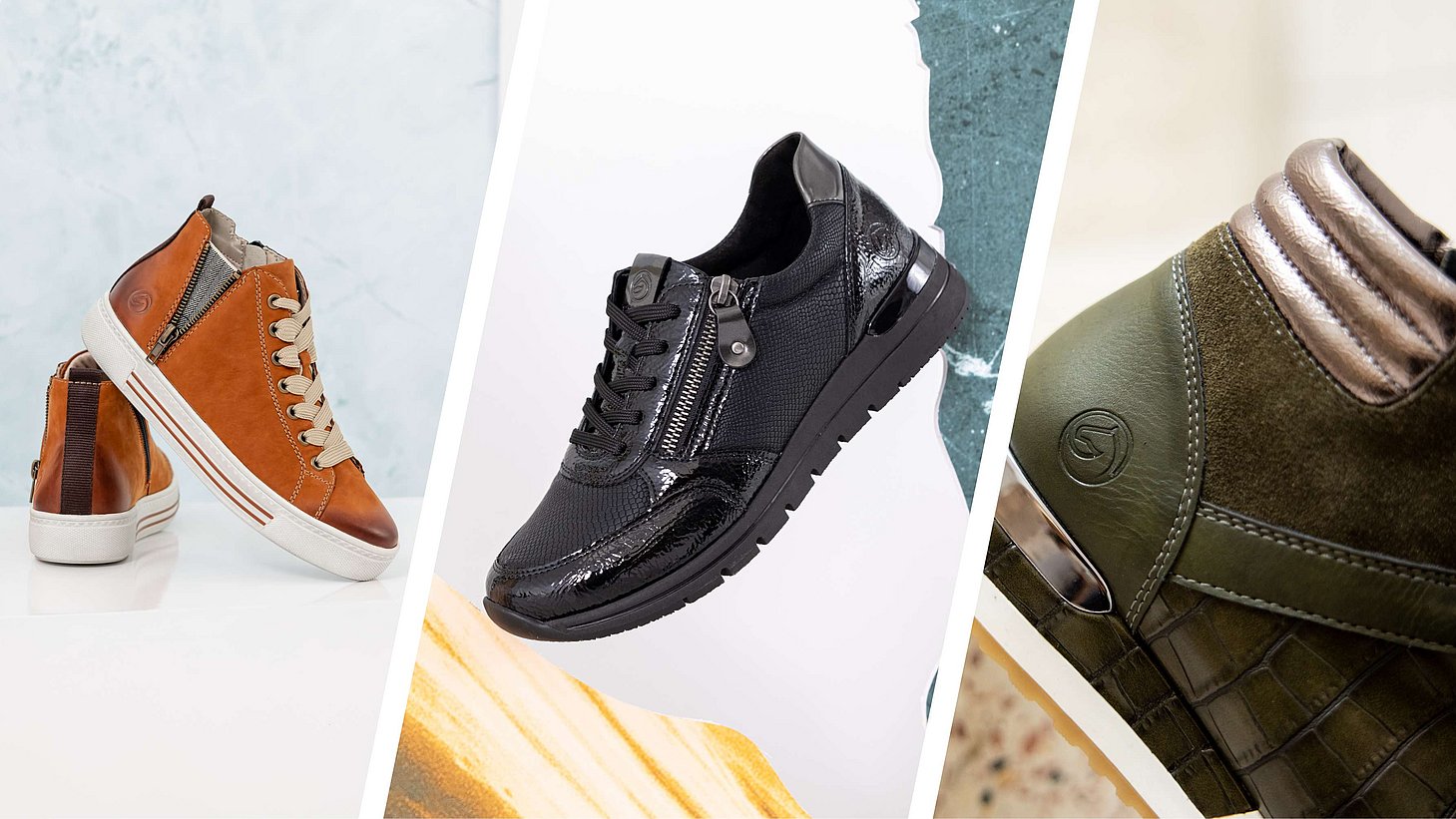 Bildkollage mit stylischen Sneakern in braun, schwarz und dunkelgrün aus der aktuellen Winterkollektion