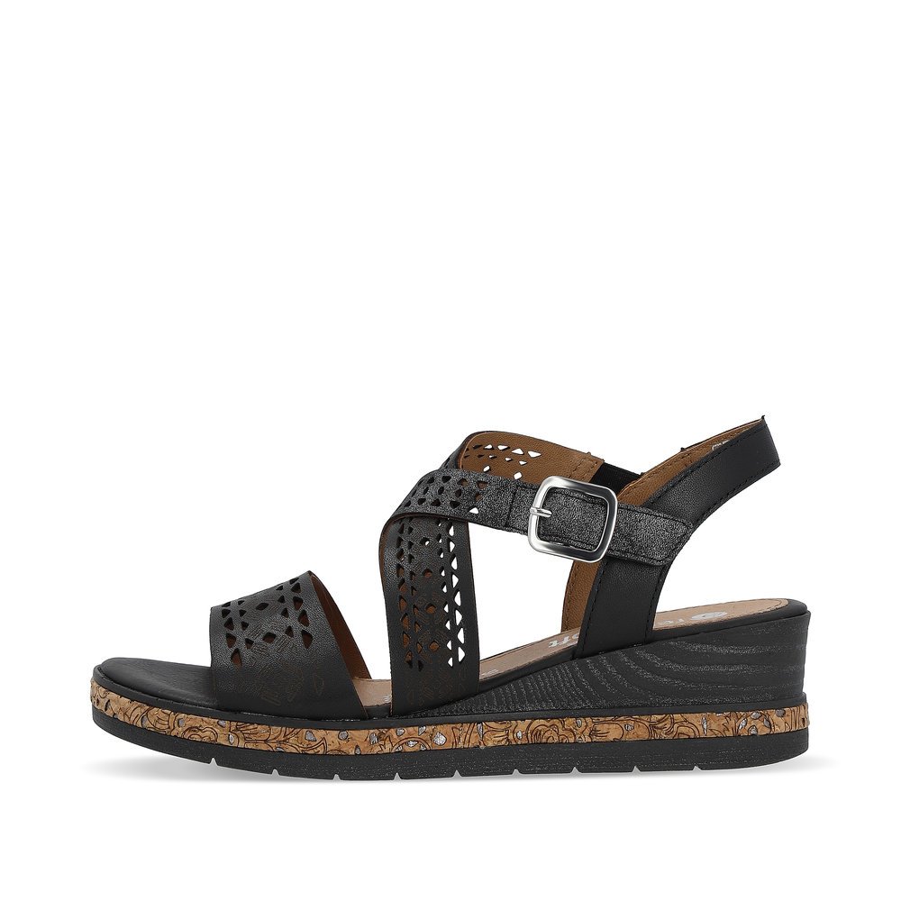 Night black remonte women´s wedge sandals D3069-02 with a hook and loop fastener. Outside of the shoe.