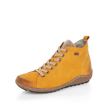 Gelbe Stiefeletten aus Rauhleder mit Reißverschluss und Schnürung, wasserabweisendem Remonte TEX und Wechselfußbett. Schuh seitlich schräg.