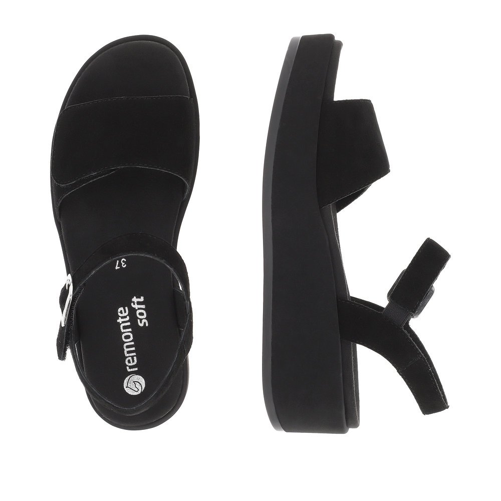 Night black remonte women´s strap sandals D1N50-00 with a hook and loop fastener. Shoe from the top, lying.
