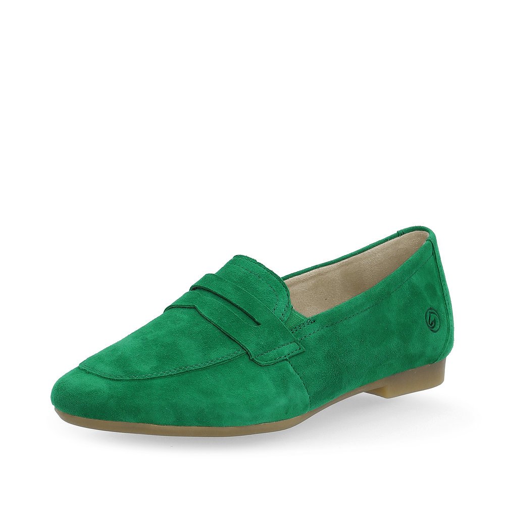 Emerald green remonte women´s loafers D0K02-52 with an elastic insert. Shoe laterally.