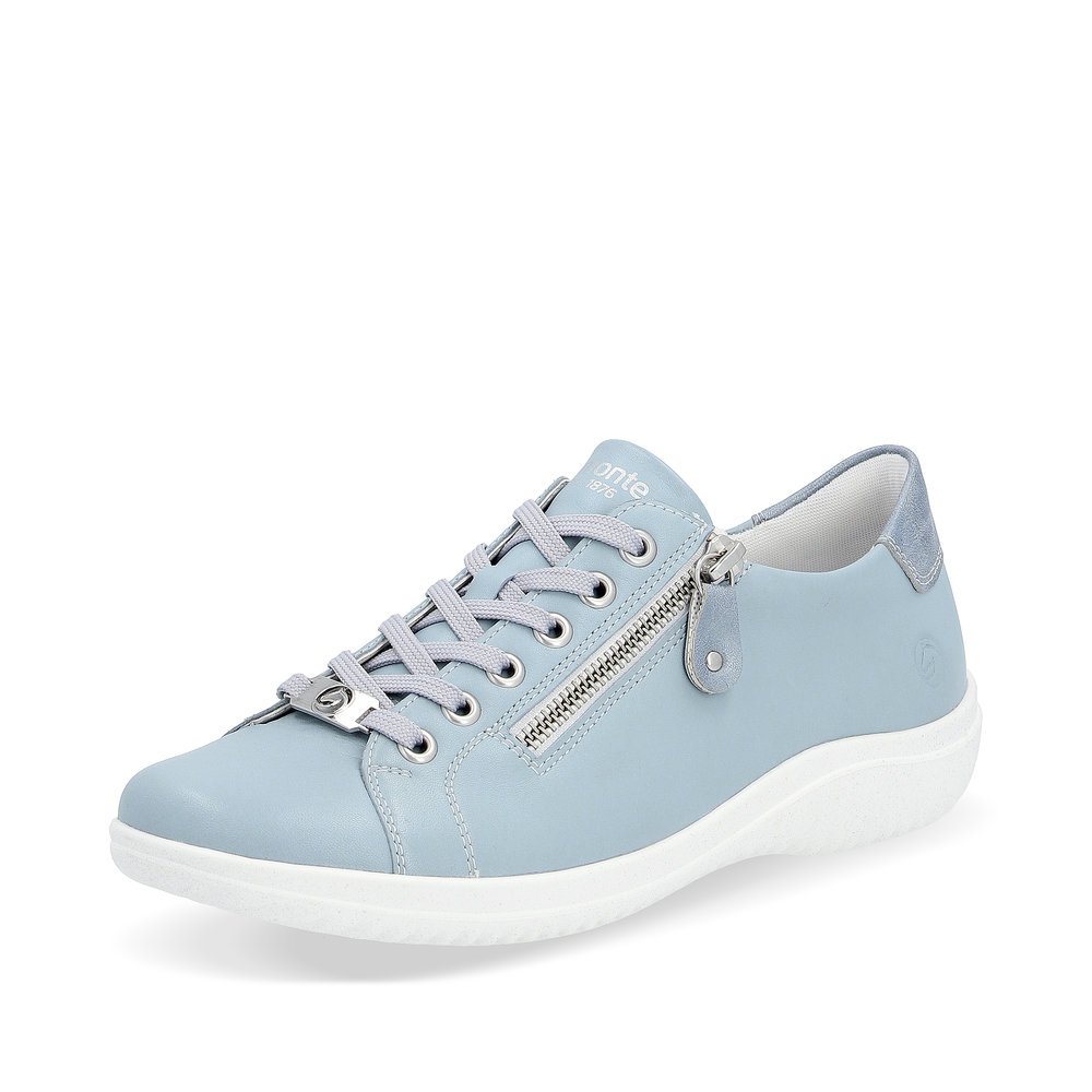 Baby blue remonte women´s lace-up shoes D1E03-10 with a zipper and comfort width G. Shoe laterally.