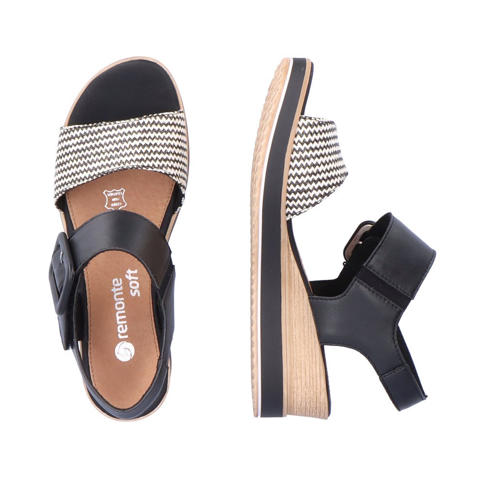 Graphite black remonte women´s wedge sandals D6453-01 with a hook and loop fastener. Shoe from the top, lying.