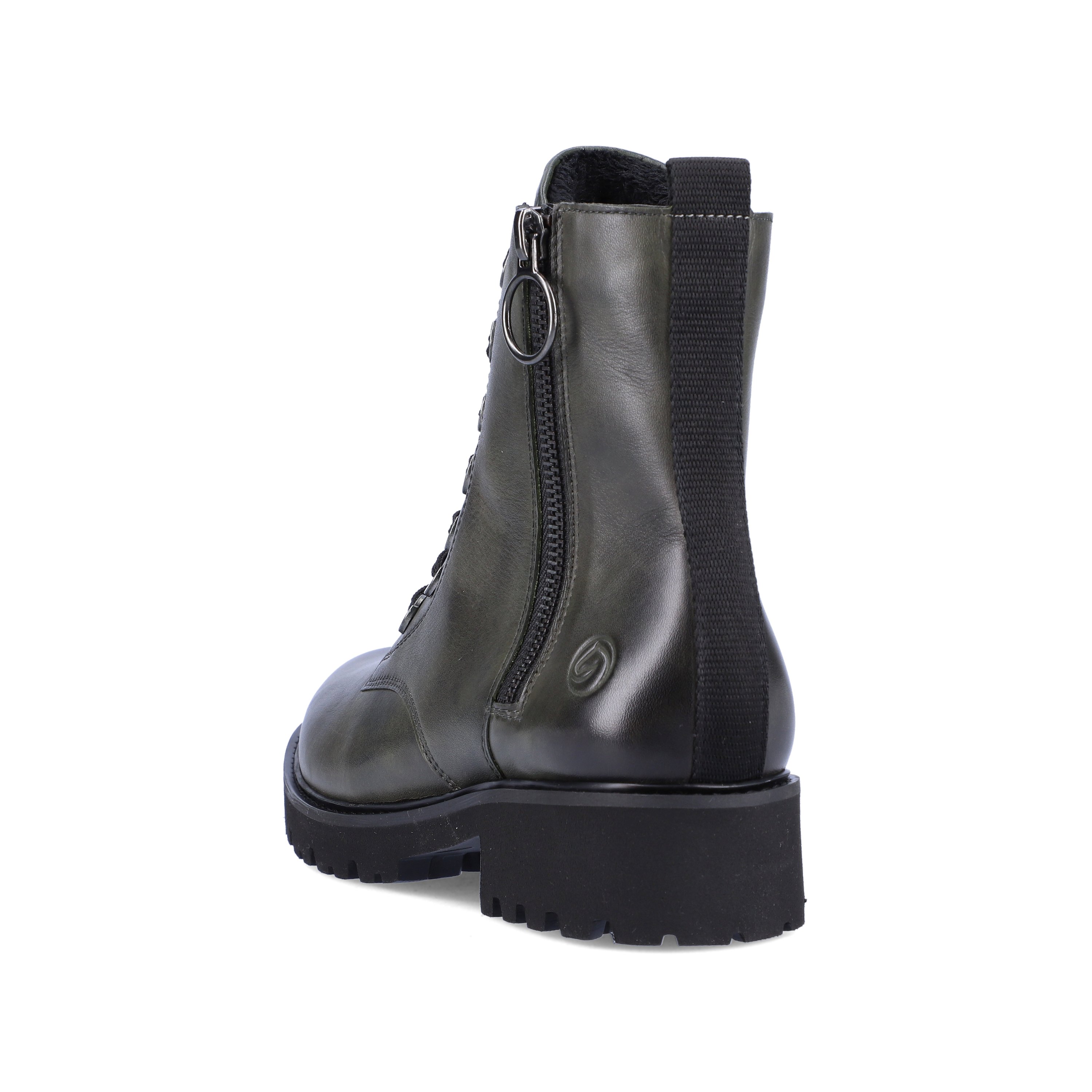 Green-grey remonte women´s biker boots D8671-52 with especially light sole. Shoe from the back