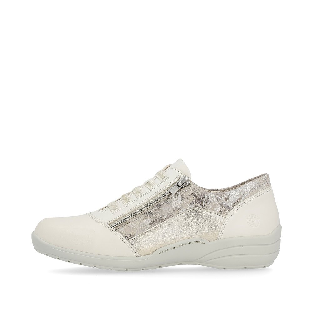 Beige remonte women´s lace-up shoes R7679-60 with a zipper and washed-out pattern. Outside of the shoe.