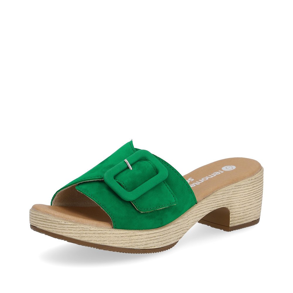 Emerald green remonte women´s mules D0N56-52 with hook and loop fastener. Shoe laterally.