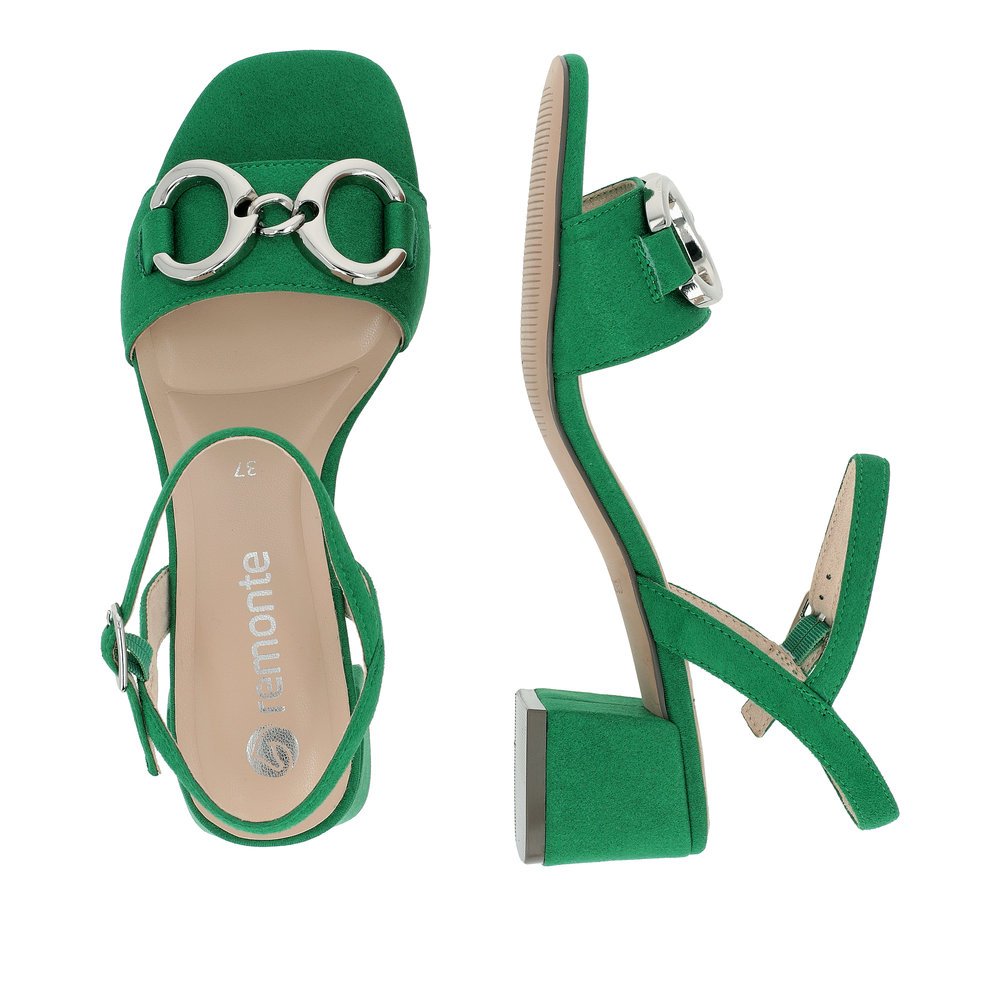 Green vegan remonte women´s strap sandals D1L50-52 with buckle and silver accessory. Shoe from the top, lying.