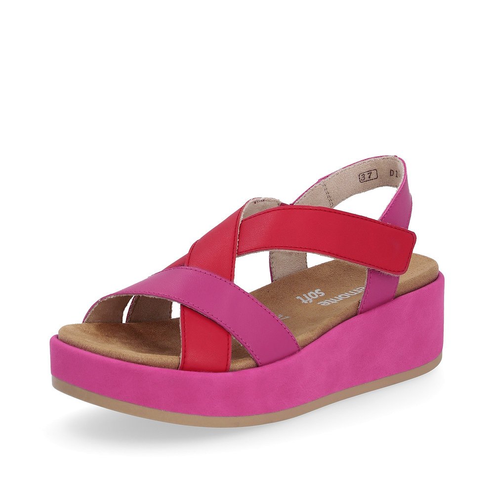 Pink remonte women´s strap sandals D1N52-33 with a hook and loop fastener. Shoe laterally.