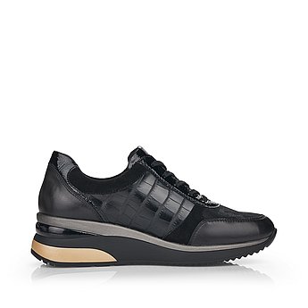 Schwarze Halbschuhe aus Glattleder und Lederimitat mit Reißverschluss und Schnürung und Wechselfußbett. Schuh Innenseite.