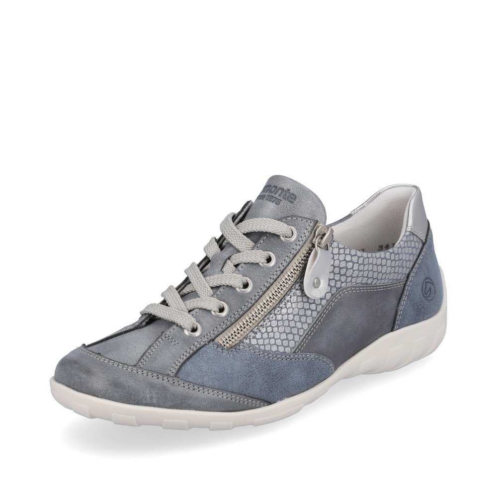 Pacific blue remonte women´s lace-up shoes R3410-14 with zipper and white pattern. Shoe laterally.
