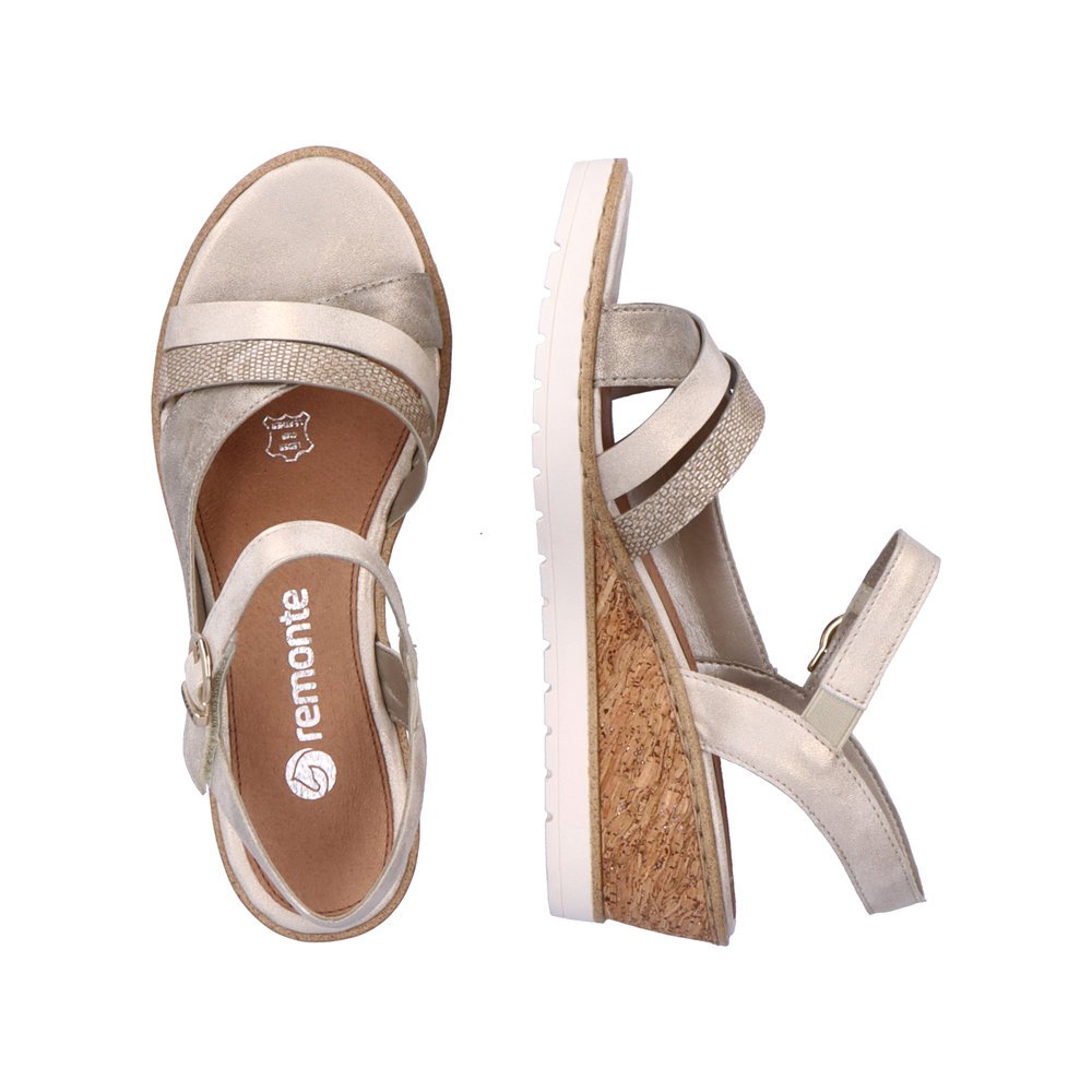 Rock grey remonte women´s wedge sandals R6263-60 with hook and loop fastener. Shoe from the top, lying.