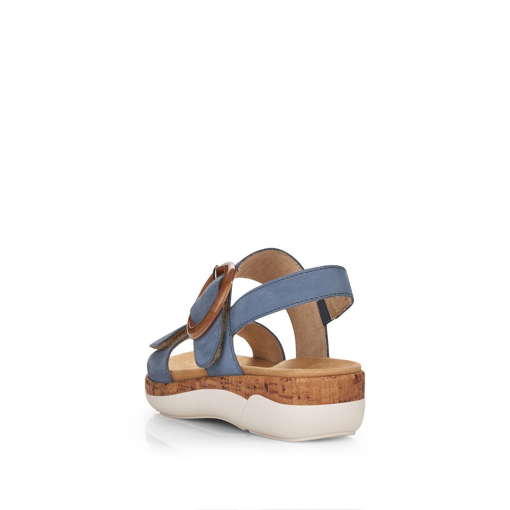Ocean blue remonte women´s strap sandals R6853-14 with hook and loop fastener. Shoe from the back.