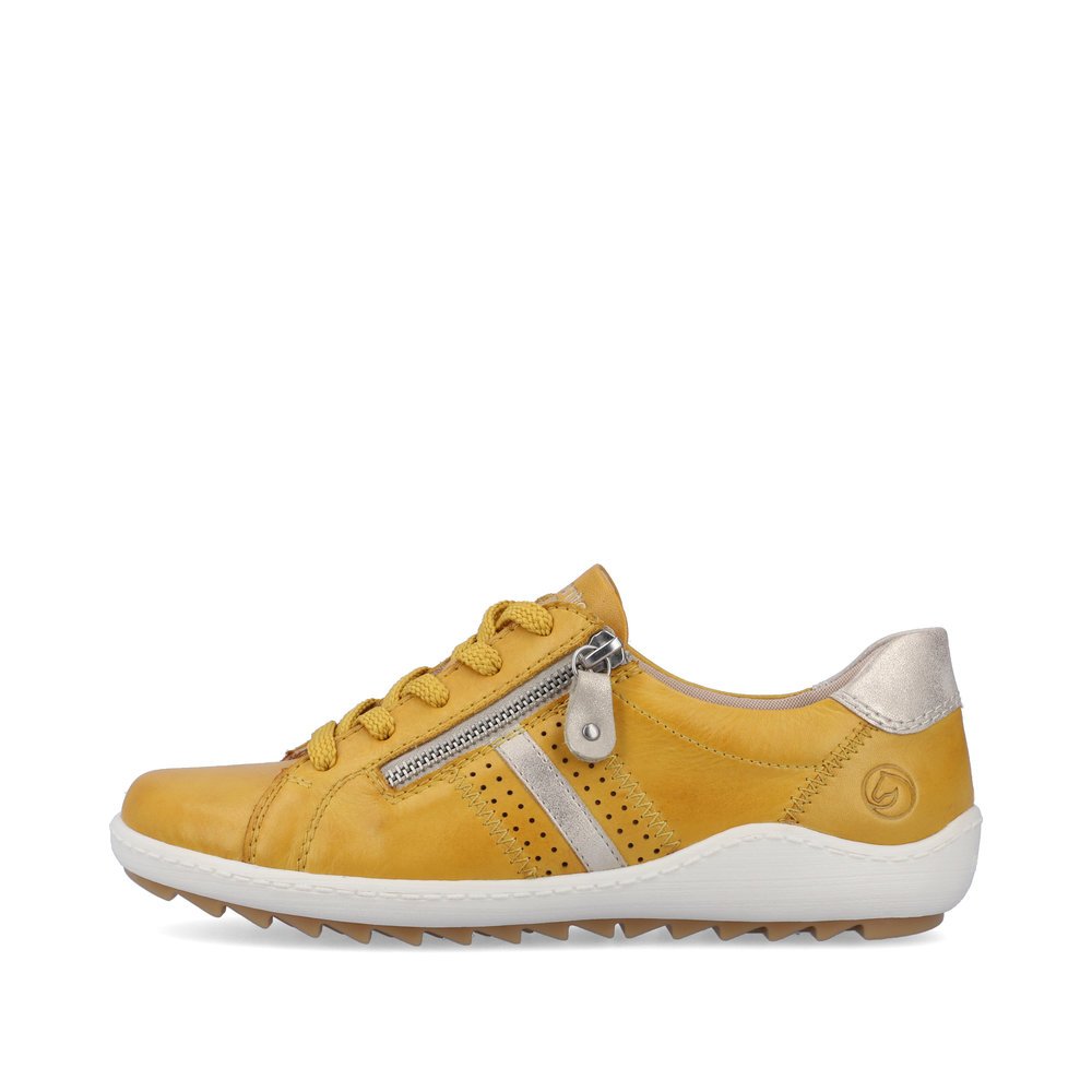Yellow remonte women´s lace-up shoes R1432-68 with a zipper and holes on the side. Outside of the shoe.