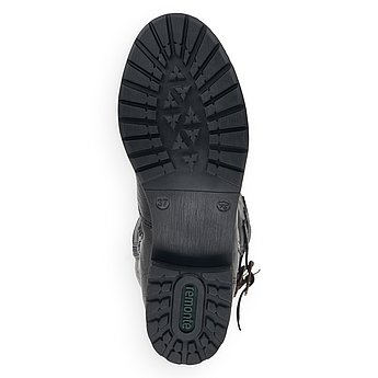 Schwarze Stiefel warm gefüttert aus Kunstleder mit Reißverschluss, Vario-Schaft und Wechselfußbett. Schuh Laufsohle. 