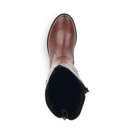 Braune Stiefel aus Glattleder mit Reißverschluss, wasserabweisendem Remonte TEX und Wechselfußbett. Schuh von oben. 