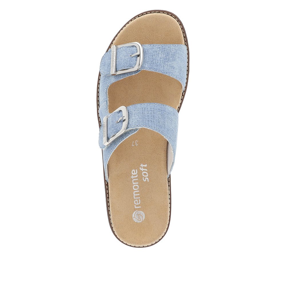 Sea blue remonte women´s mules D2070-14 with a hook and loop fastener. Shoe from the top.