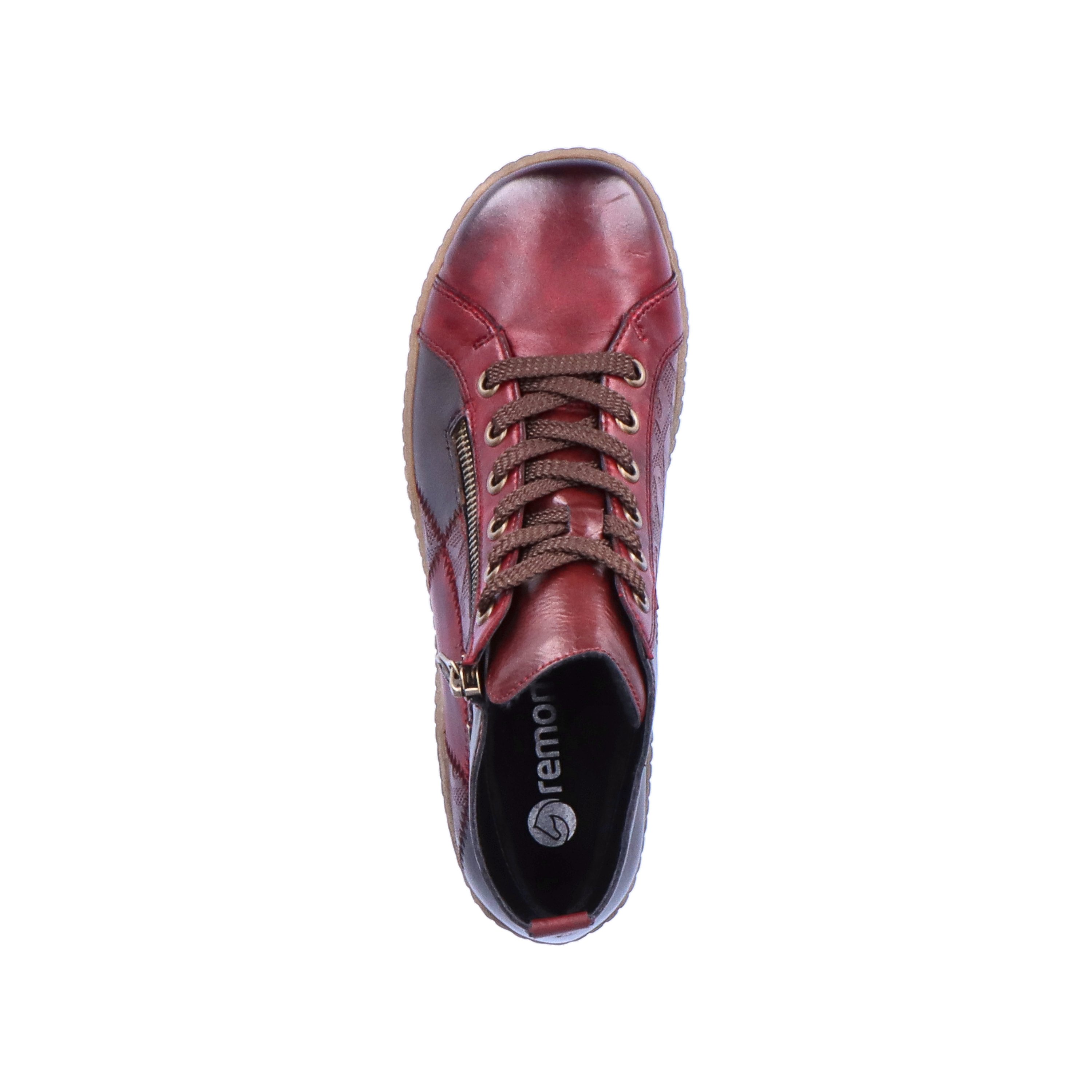 Raspberry red remonte women´s lace-up shoes R1467-35 with lacing and zipper. Shoe from the top