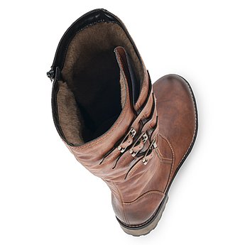 Braune Stiefel warm gefüttert aus Kunstleder mit Reißverschluss, Vario-Schaft und Wechselfußbett. Schuhe Innenseite.