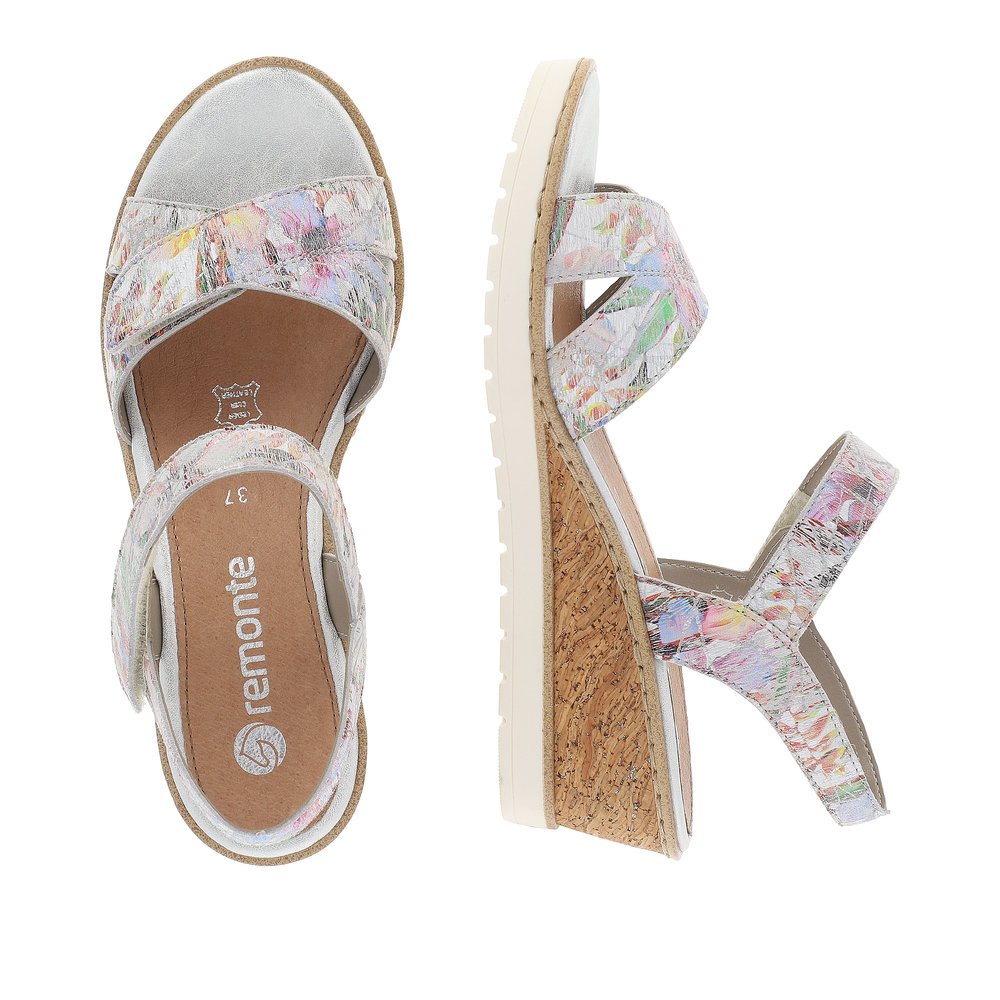 Multi-colored remonte women´s wedge sandals R6252-92 with a hook and loop fastener. Shoe from the top, lying.
