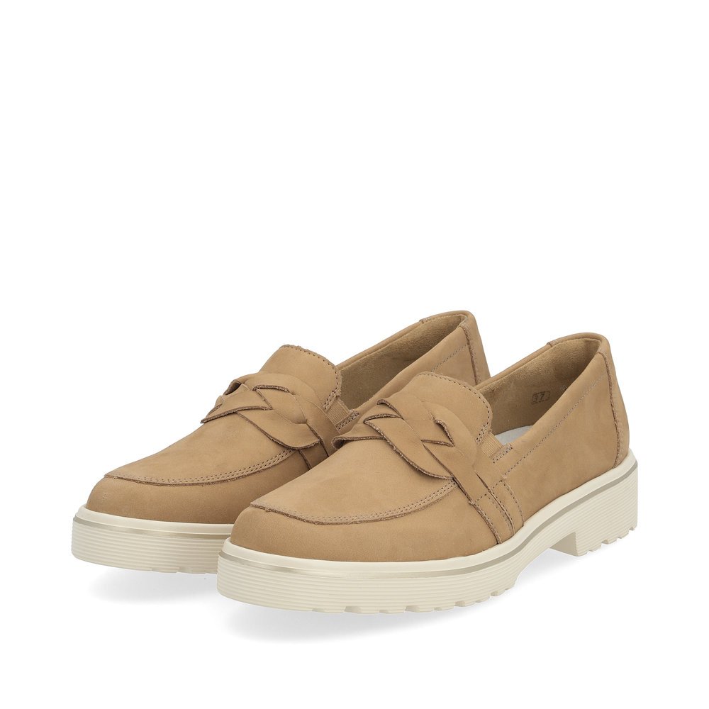 Beige remonte women´s loafers D1H01-60 with an elastic insert and braided strap. Shoes laterally.