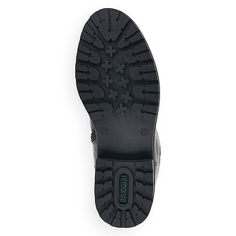 Schwarze Stiefel aus Glattleder mit Reißverschluss, wasserabweisendem Remonte TEX und Wechselfußbett. Schuh Laufsohle. 