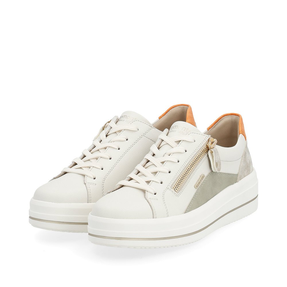 White remonte women´s sneakers D1C01-82 with a zipper and comfort width G. Shoes laterally.