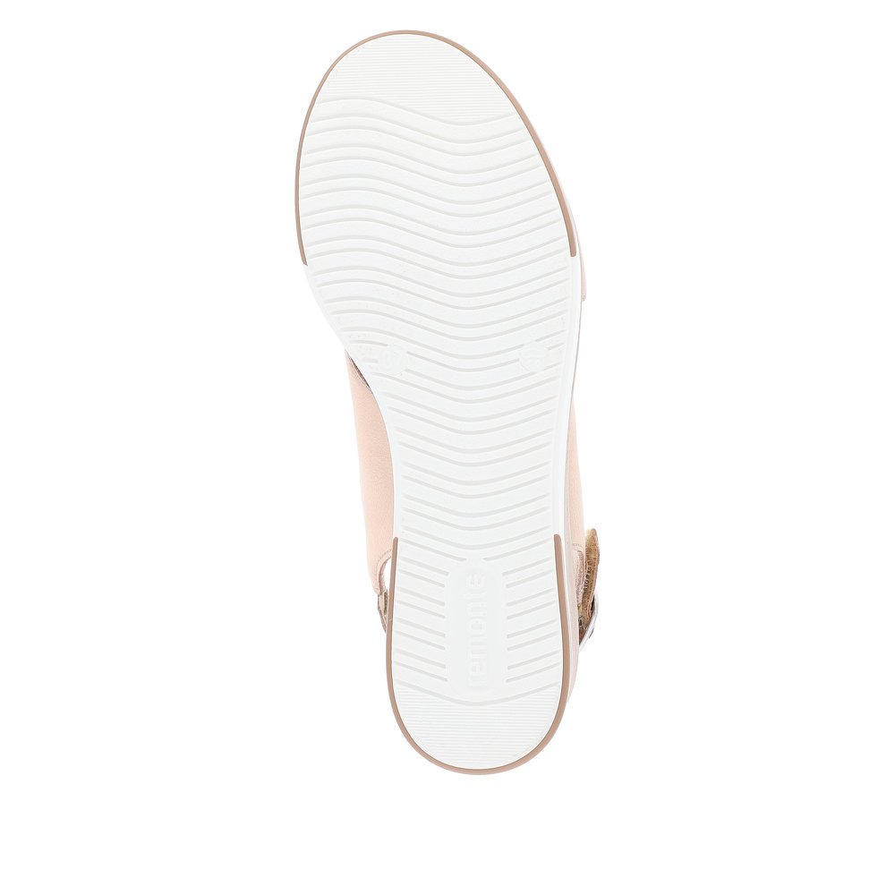 Metallic pink remonte women´s wedge sandals D1P53-31 with hook and loop fastener. Outsole of the shoe.