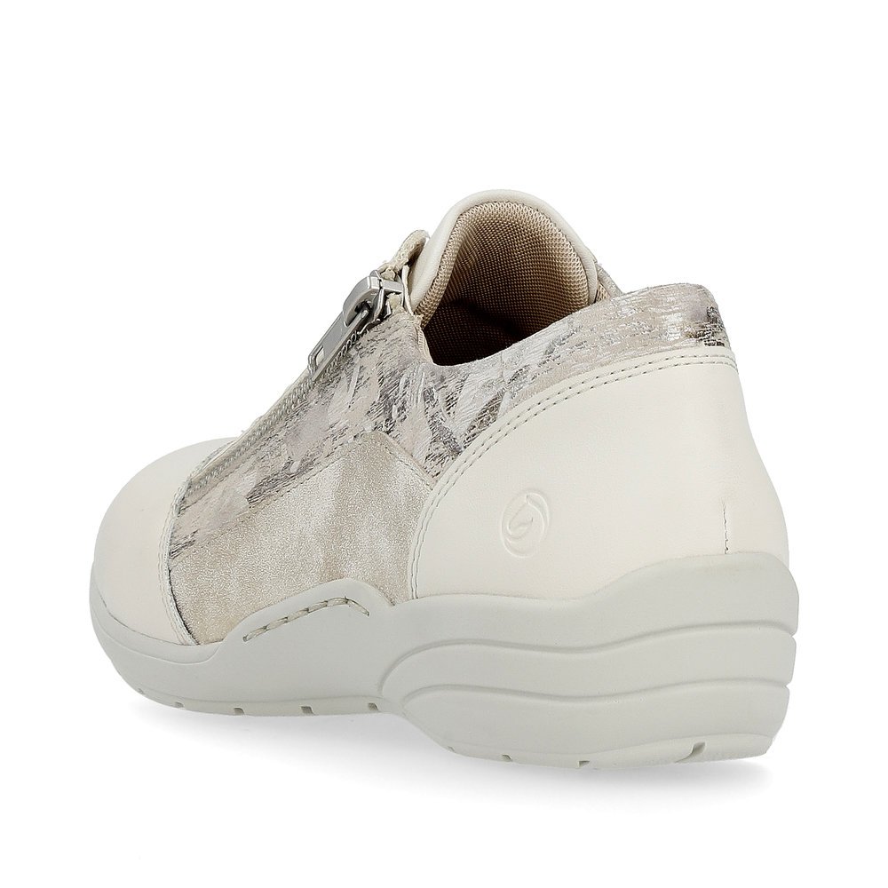 Beige remonte women´s lace-up shoes R7679-60 with a zipper and washed-out pattern. Shoe from the back.