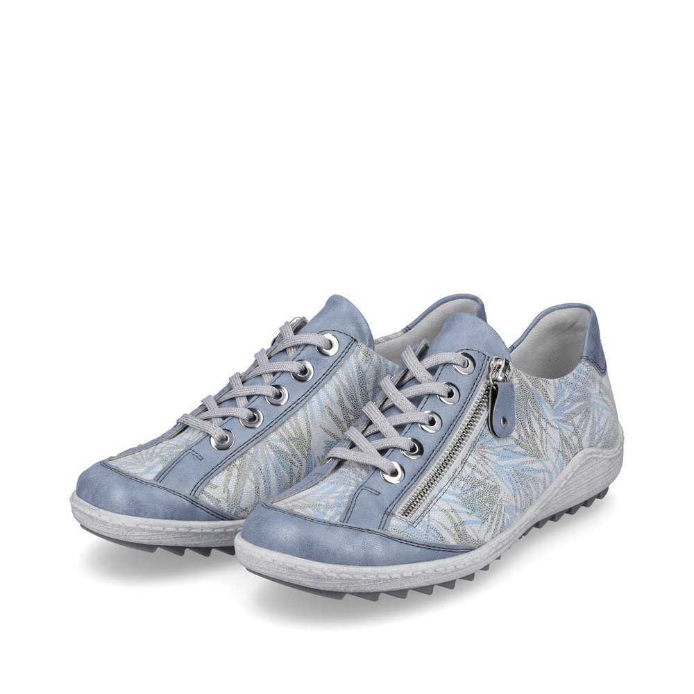 Blue remonte women´s lace-up shoes R1402-11 with zipper and tropical pattern. Shoes laterally.