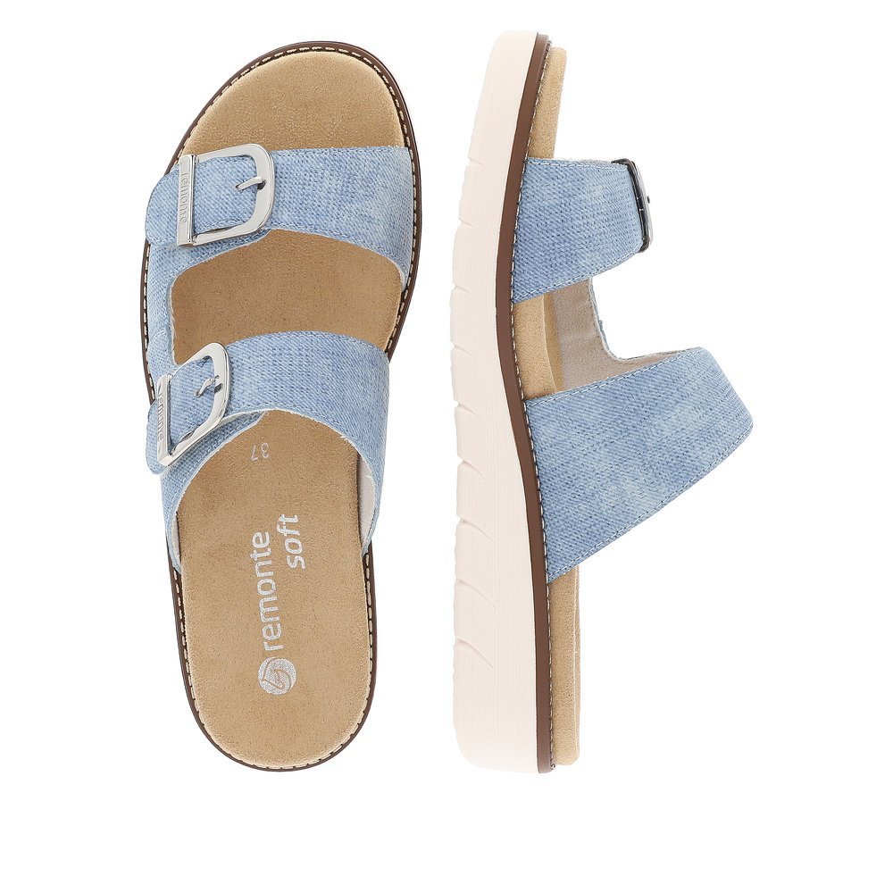 Sea blue remonte women´s mules D2070-14 with a hook and loop fastener. Shoe from the top, lying.