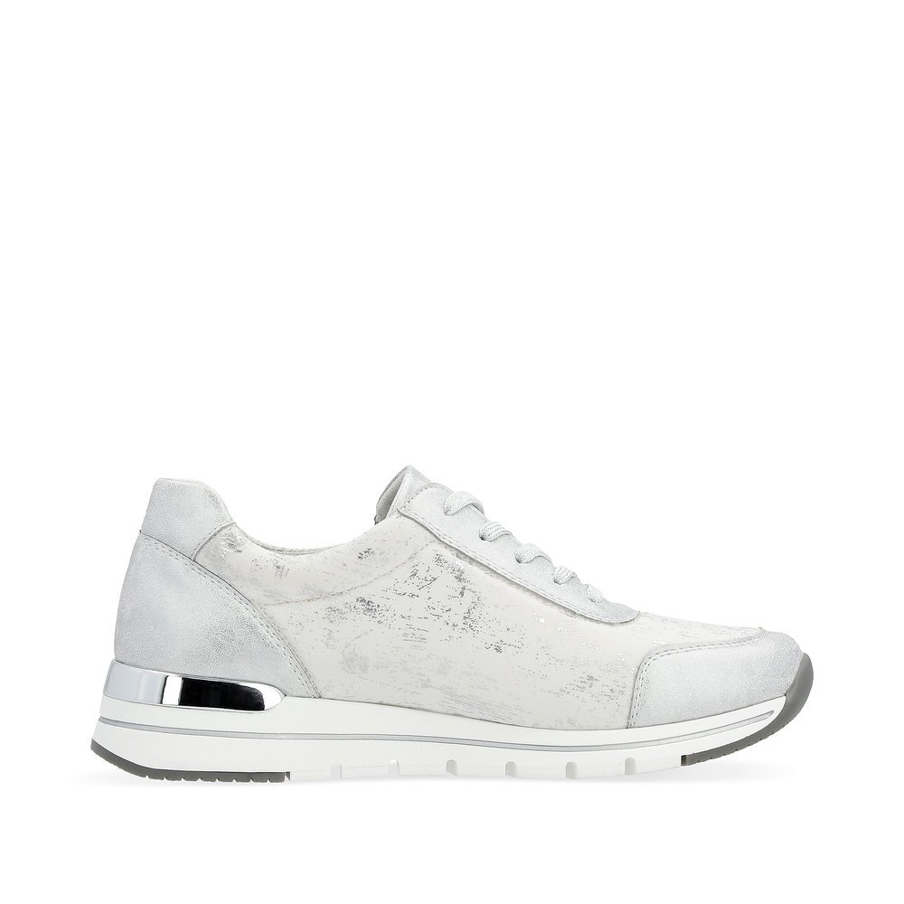 Silver remonte women´s sneakers R6700-91 with a zipper and washed-out pattern. Shoe inside.