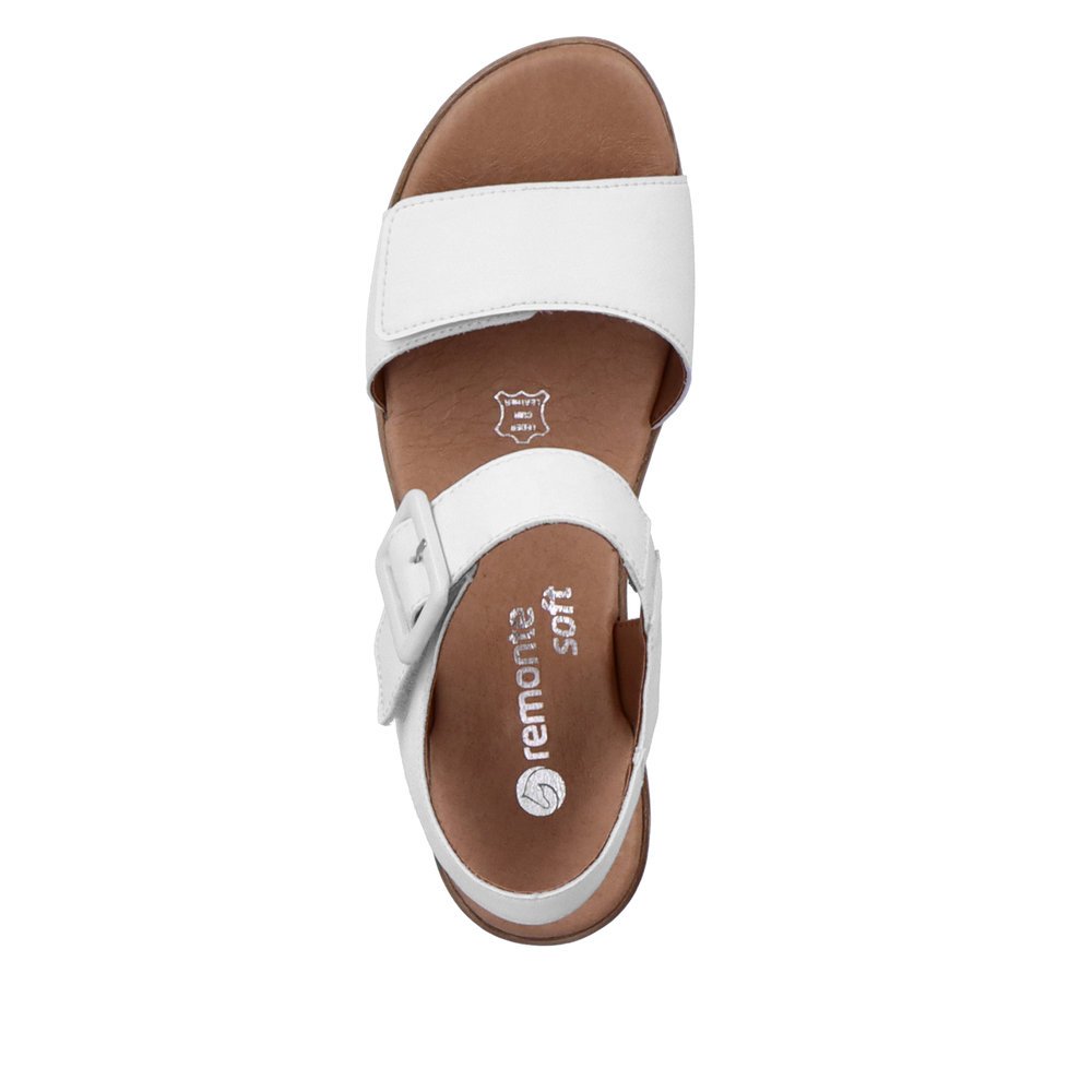 White remonte women´s strap sandals D0N52-80 with hook and loop fastener. Shoe from the top.