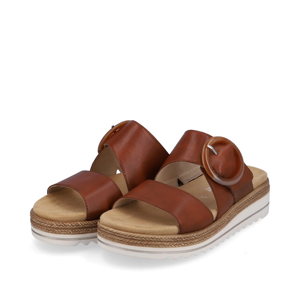 Brown remonte women´s mules D0Q51-24 with hook and loop fastener. Shoes laterally.