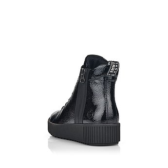 Schwarze Stiefeletten warm gefüttert aus Kunstlack mit Reißverschluss und Schnürung und Wechselfußbett. Schuh von hinten.