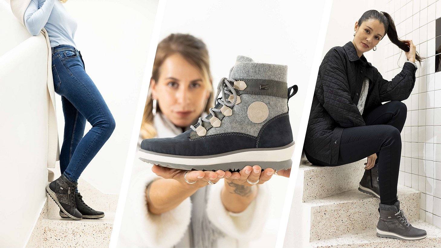 Bildkollage mit coolen grauen Schuhen aus der aktuellen Winterkollektion, präsentiert von 3 Models