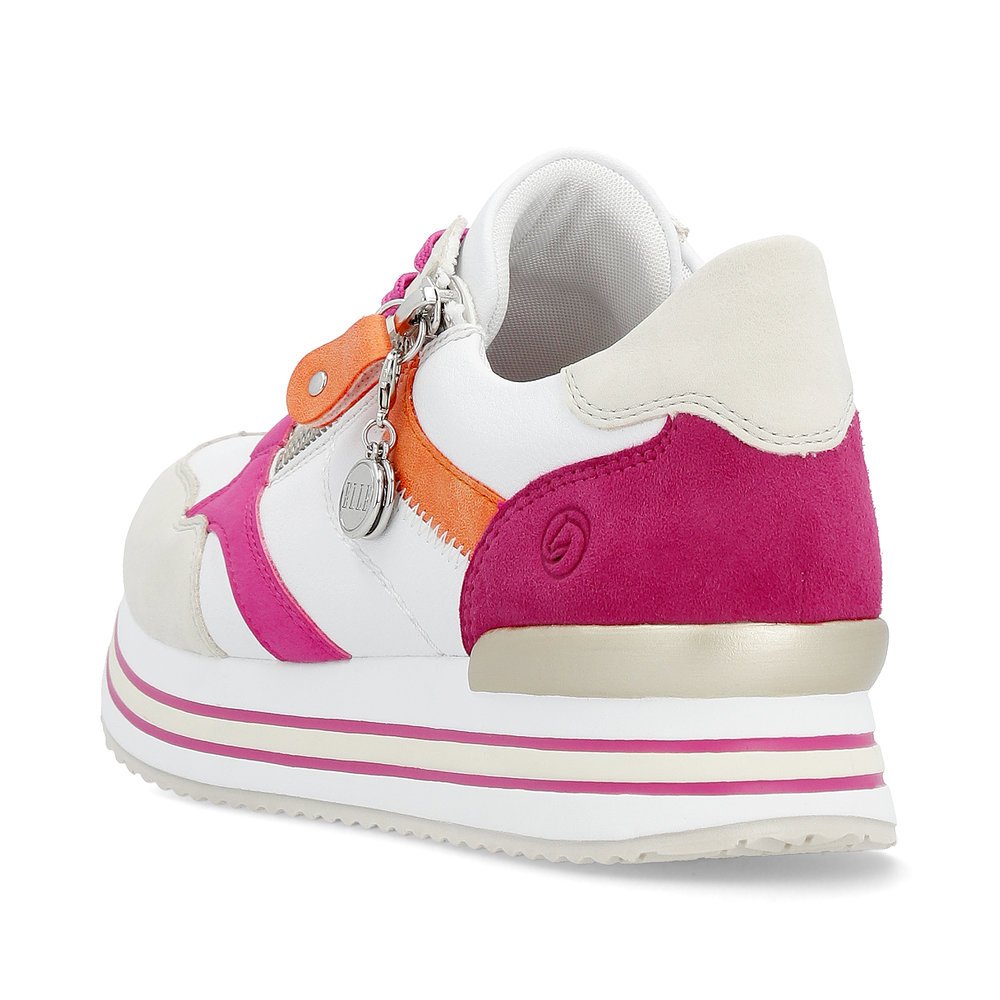 Sparkling white remonte women´s sneakers D1323-80 with a zipper and comfort width G. Shoe from the back.